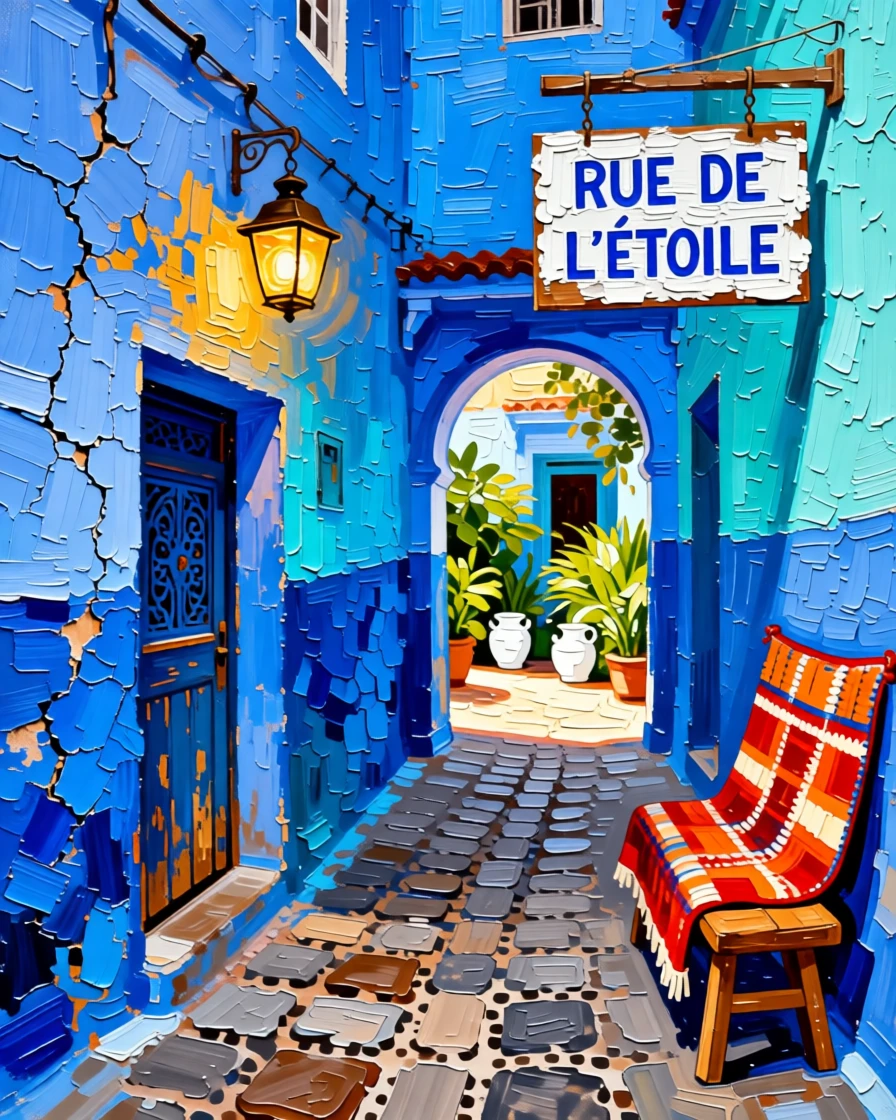 A quiet alley in Chefchaouen, Morocco, every wall painted in shades of blue