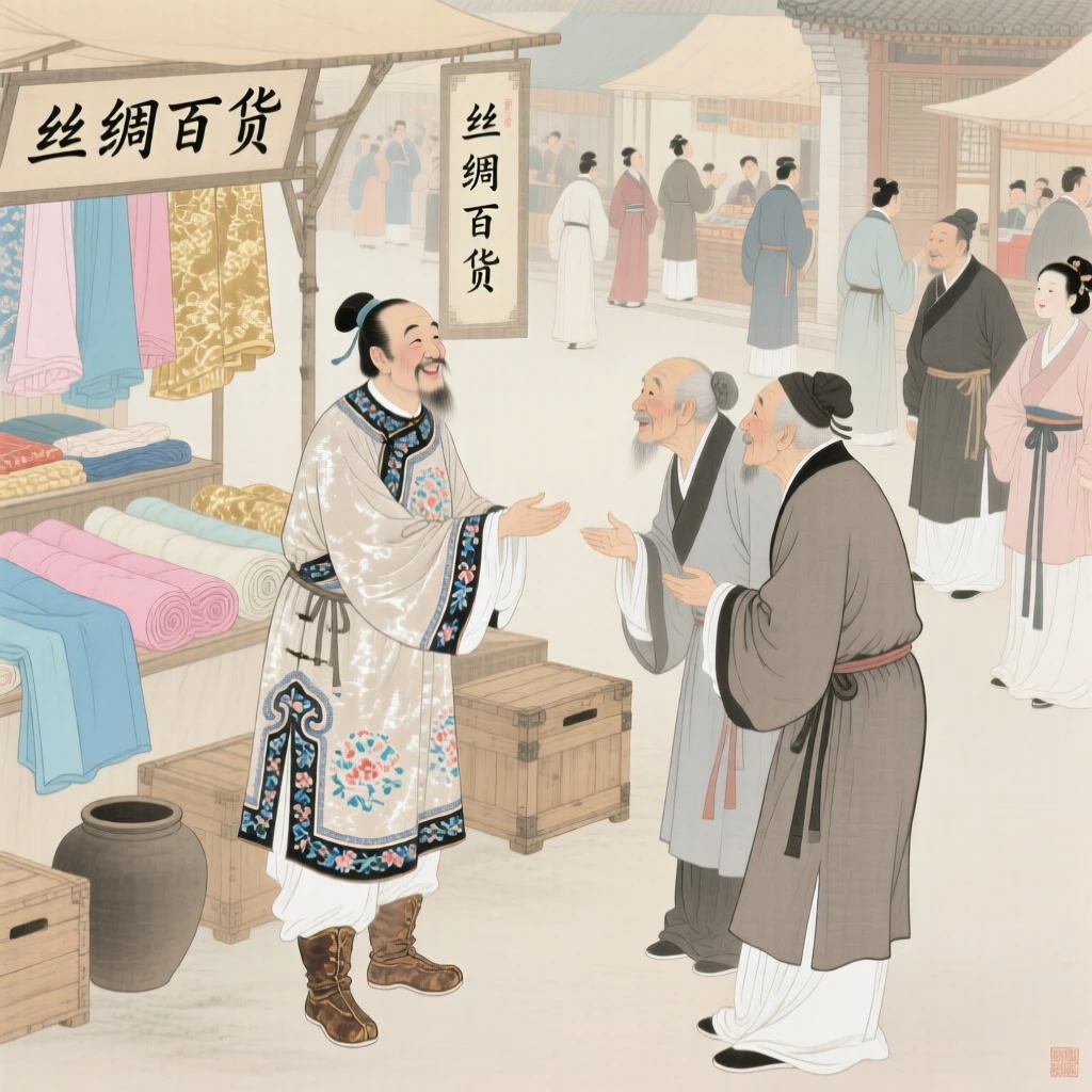 A silk trader greeting old friends after years apart in a marketplace bustling with color and life