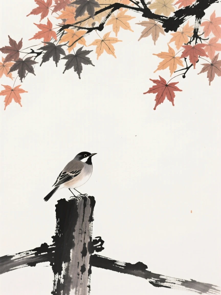 A songbird resting on a weathered wooden post beneath a canopy of autumn maple leaves, framed against a wide expanse of open sky, suggesting renewal and the gentle passage of seasons.