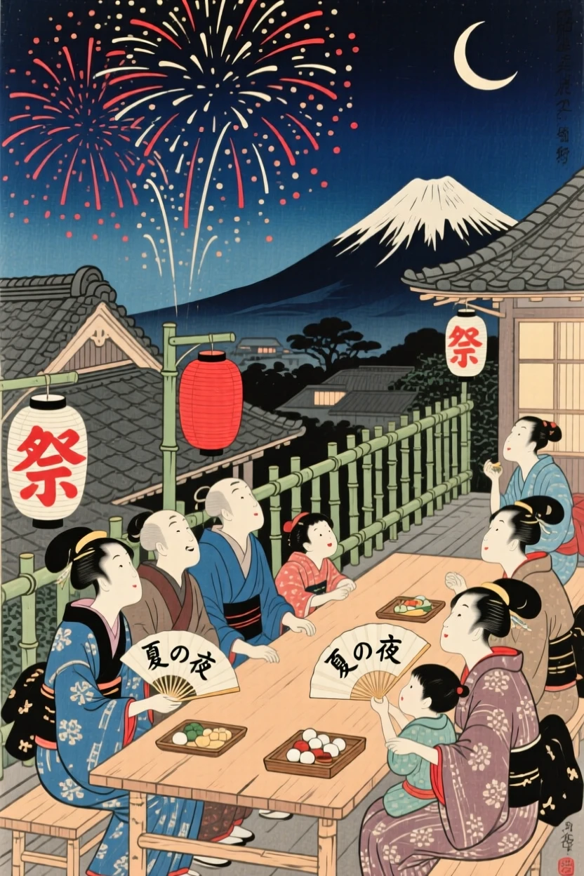 Neighbors at a long table watching fireworks together from a rooftop.
