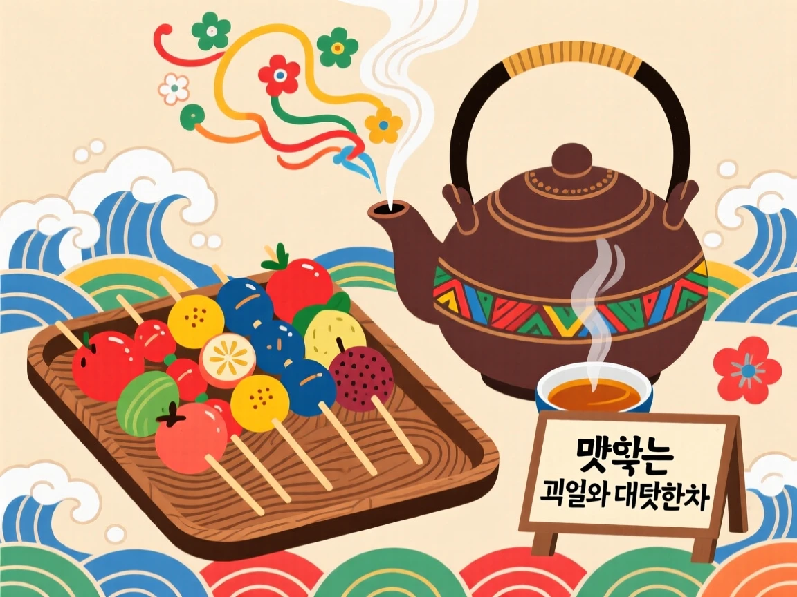 A tray of colorful skewered fruit beside a pot of hot tea.