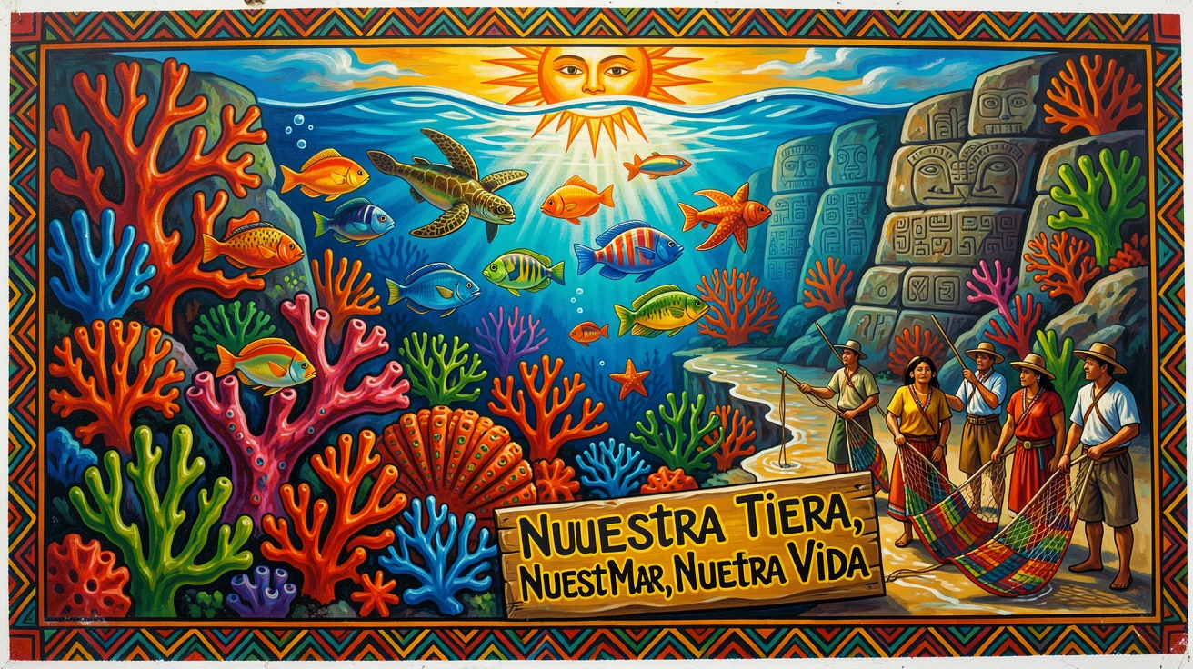 A coral garden glowing with vibrant colors beneath the waves