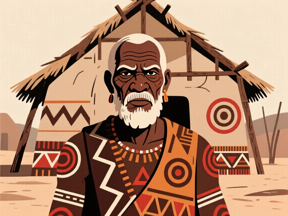 A stern grandfather gathered together in front of a village hut.