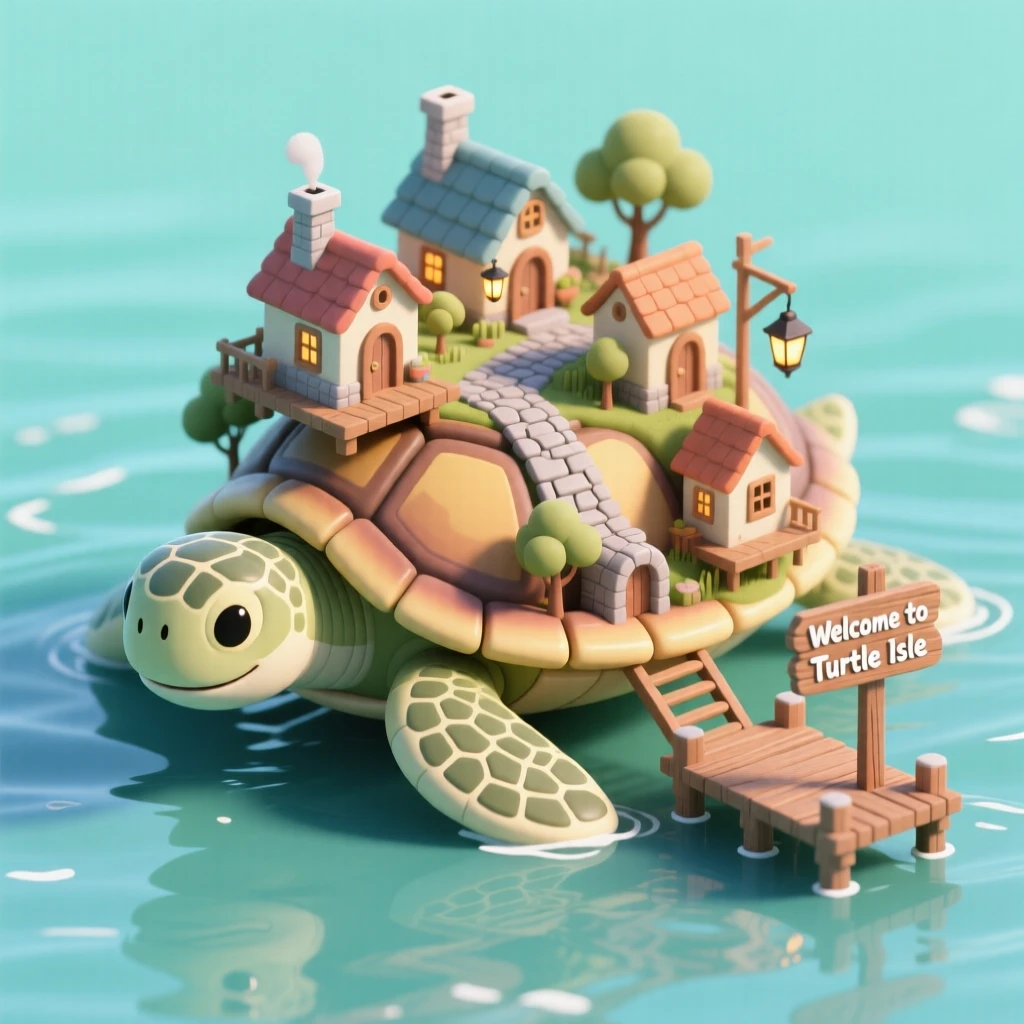 A giant turtle carrying an entire floating village on its shell, gently swimming through calm ocean waters.