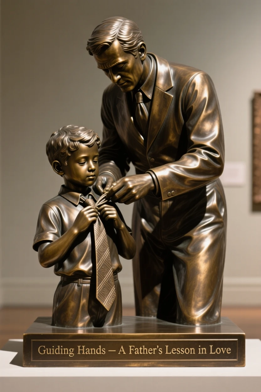 A father teaching his son to tie a necktie, framed by soft, dramatic shadows, forming a strong central focal point
