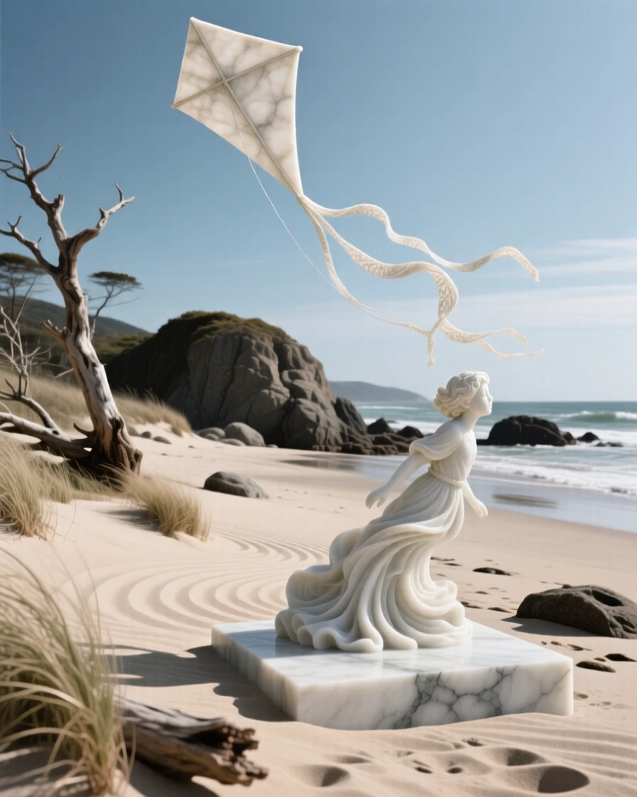 An evocative depiction of a kite flying high above a windswept beach, framed by dramatic natural scenery, balancing detail with emotional depth