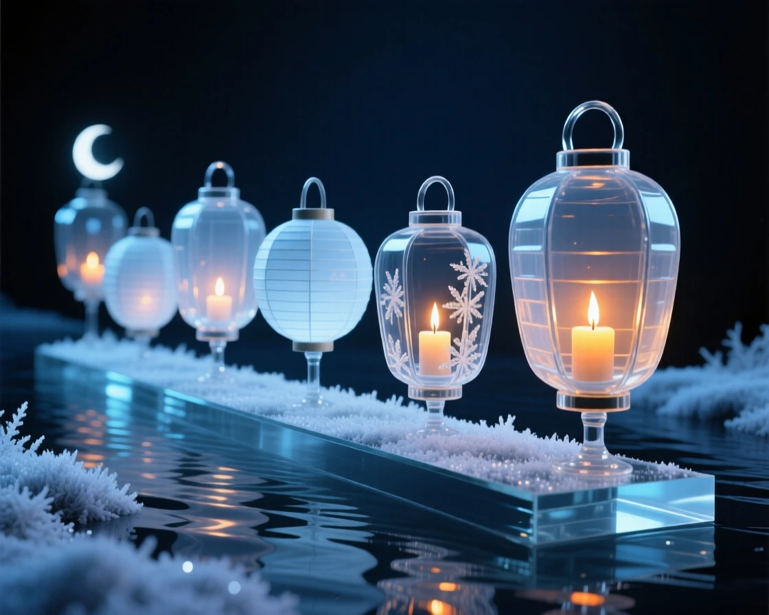 A parade of lanterns floating down a river at night, as frost begins to sparkle across the ground