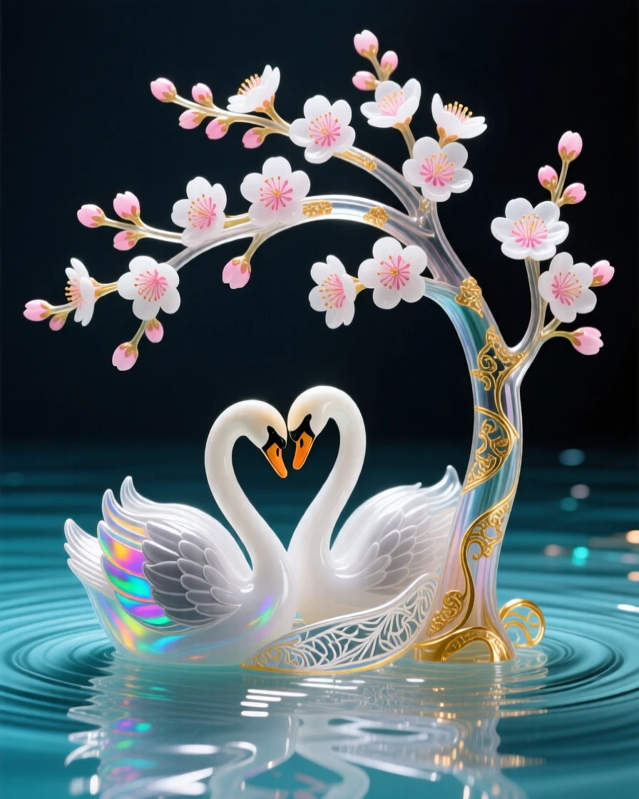 A pair of swans nesting beneath a blossoming cherry tree at the water's edge, tender and idyllic.