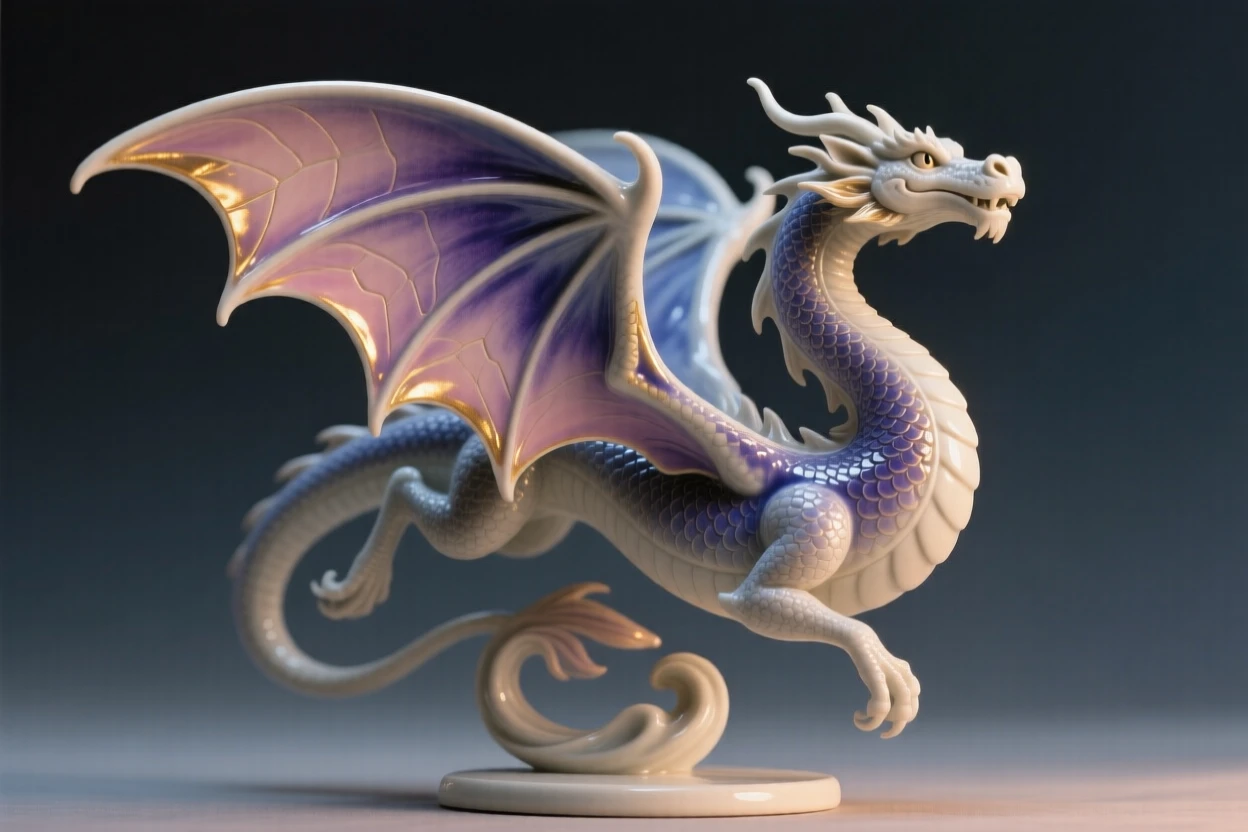 A coiled dragon with outstretched wings caught in a graceful, weightless leap, its wings catching the last light of dusk, radiating noble power tempered with gentleness.