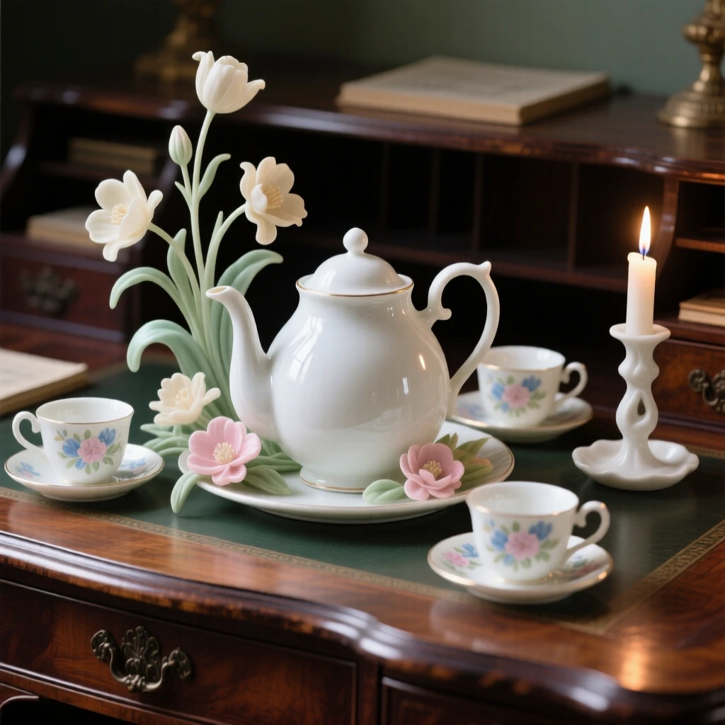 A refined still-life arrangement of a teapot, cups, and fresh flowers on an antique writing desk, a single candle casting gentle shadows.