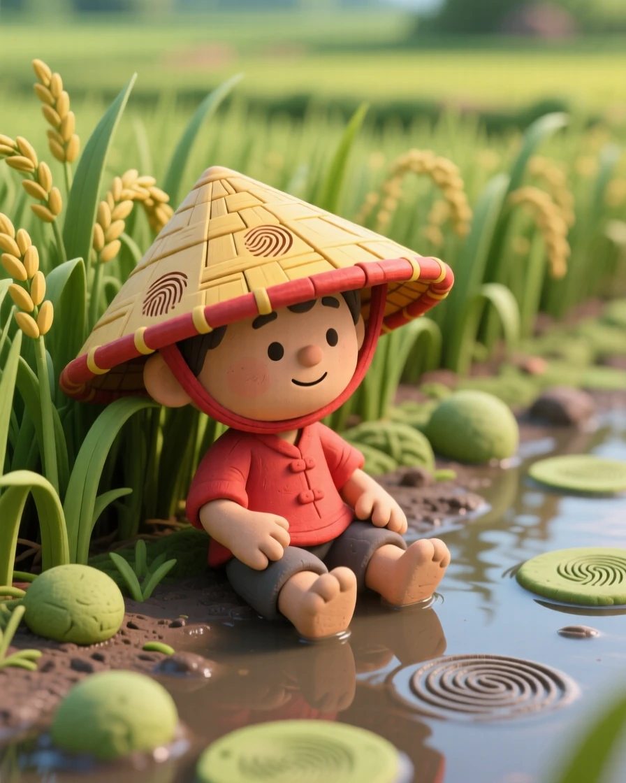 A colorful Vietnamese conical hat resting beside a rice paddy
