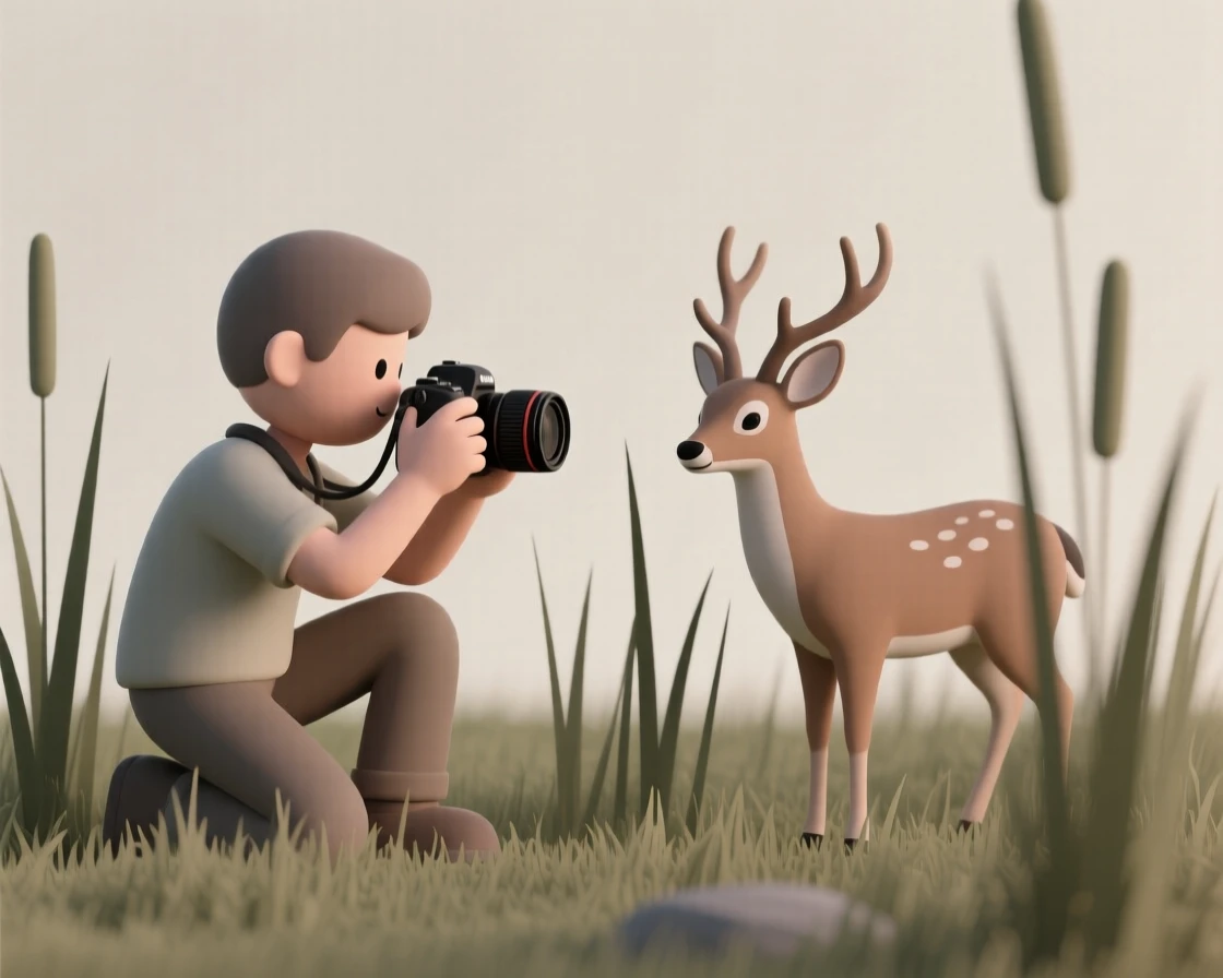 A gentle wildlife photographer crouches quietly in tall grass, camera ready to capture a grazing deer.
