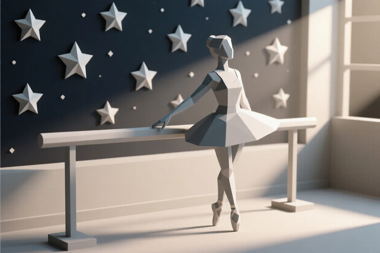 A ballerina practicing gracefully at a sunlit barre, beneath a sky full of stars. the composition captures genuine, candid emotion. The moment feels full of hope and possibility.