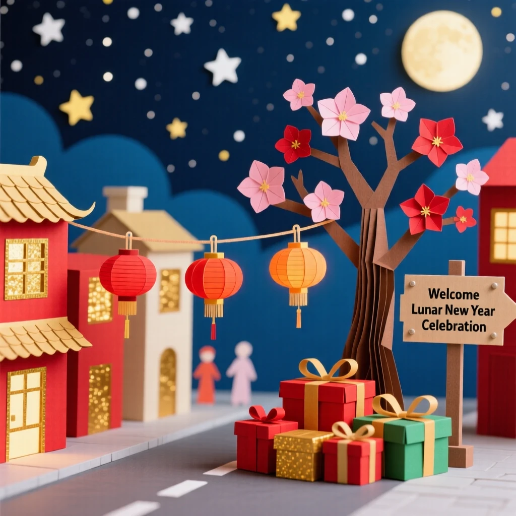 A vibrant Lunar New Year street celebration glowing softly under a starry sky, with gifts wrapped neatly beneath a tree, capturing cherished holiday tradition.