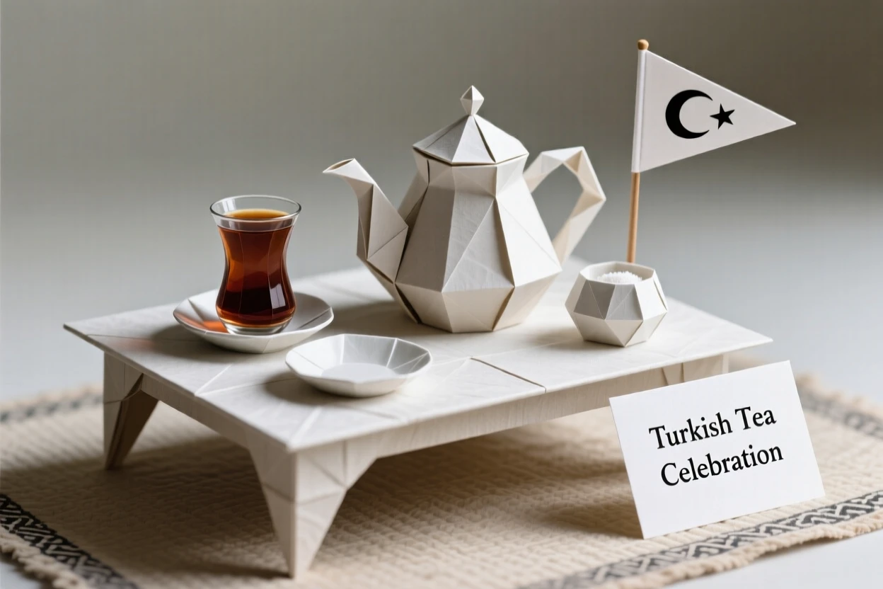 A Turkish tea celebration scene with an ornate tea set arranged on a low table.