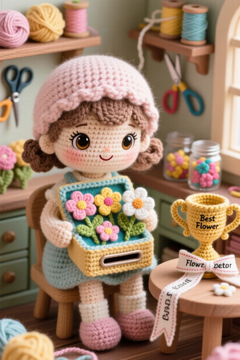 a little girl collecting pressed flowers, with a small flower press, arranging petals into a careful pattern, in a cozy craft room filled with supplies, with a small trophy or ribbon nearby, radiating focused determination and quiet pride.