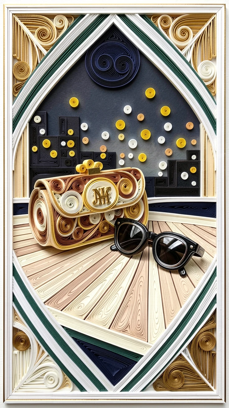 A sophisticated luxury scene of a designer clutch beside a pair of sunglasses on a yacht deck in an elegant art deco lobby, with soft city lights glowing in the background, framed with a clean, minimal, high-end aesthetic.