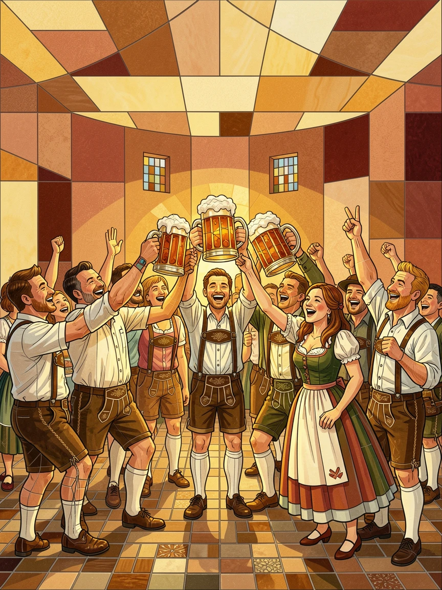 A traditional oktoberfest celebration with steins raised in a festive hall, filled with warm light, motion, and joyful energy.