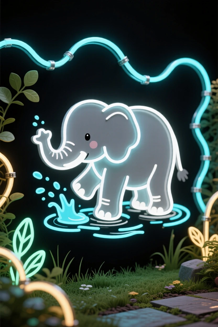 a baby elephant splashing water in a quiet backyard garden.