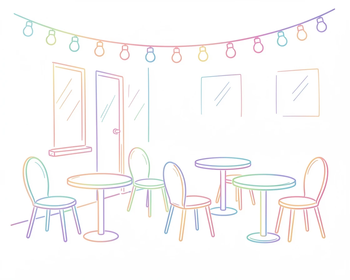 A quiet café terrace with small round tables and hanging string lights.