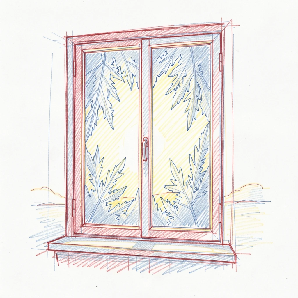 A frost-covered window revealing intricate ice patterns at sunrise