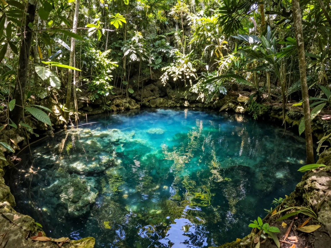A Mexican cenote glowing turquoise beneath jungle canopy