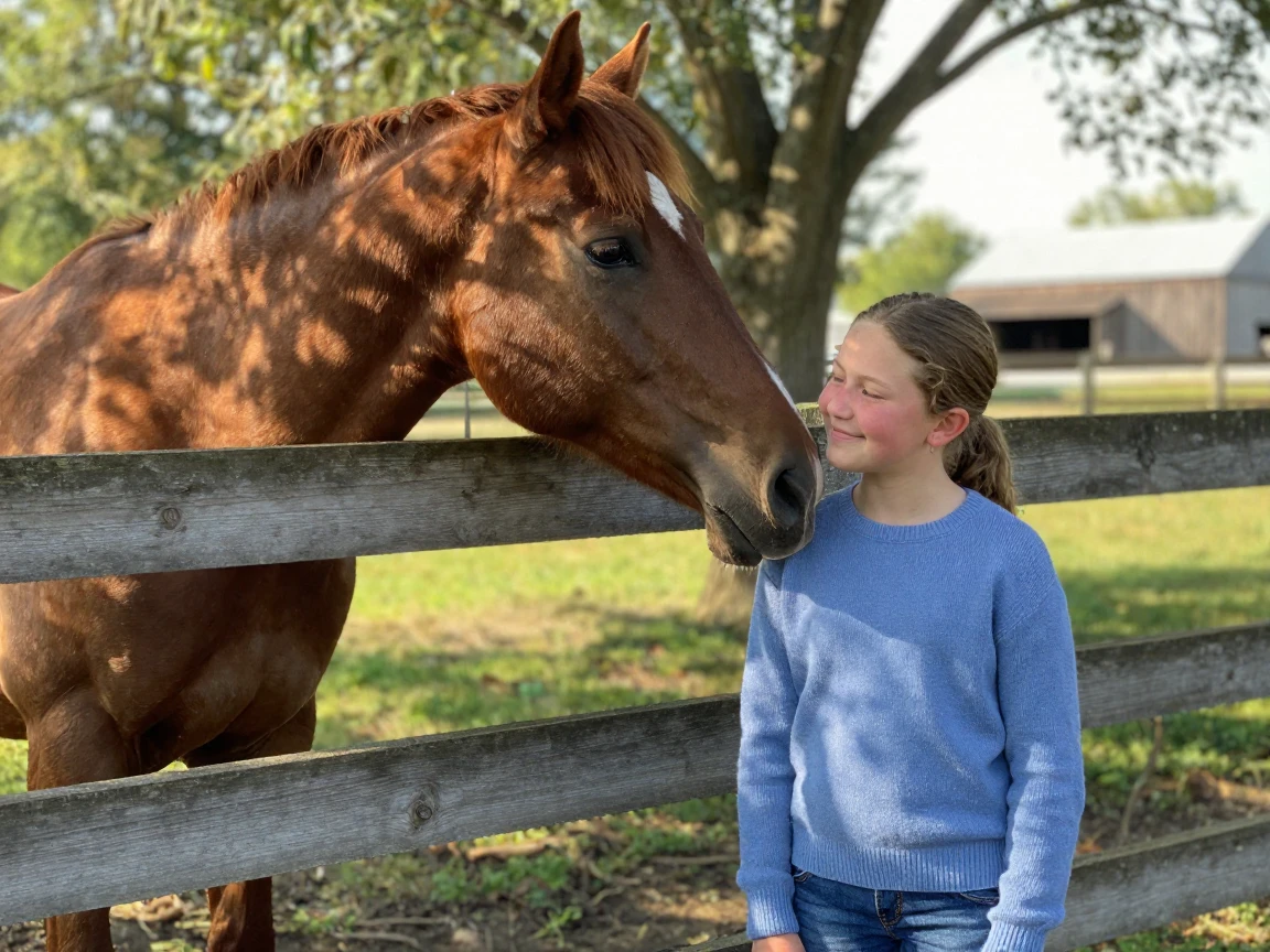 A horse nuzzles a young girl's cheek over a wooden paddock fence.