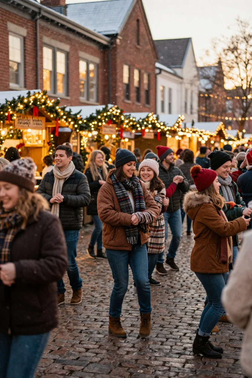 A crowd of townsfolk dancing together at an outdoor celebration along a street filled with holiday markets
