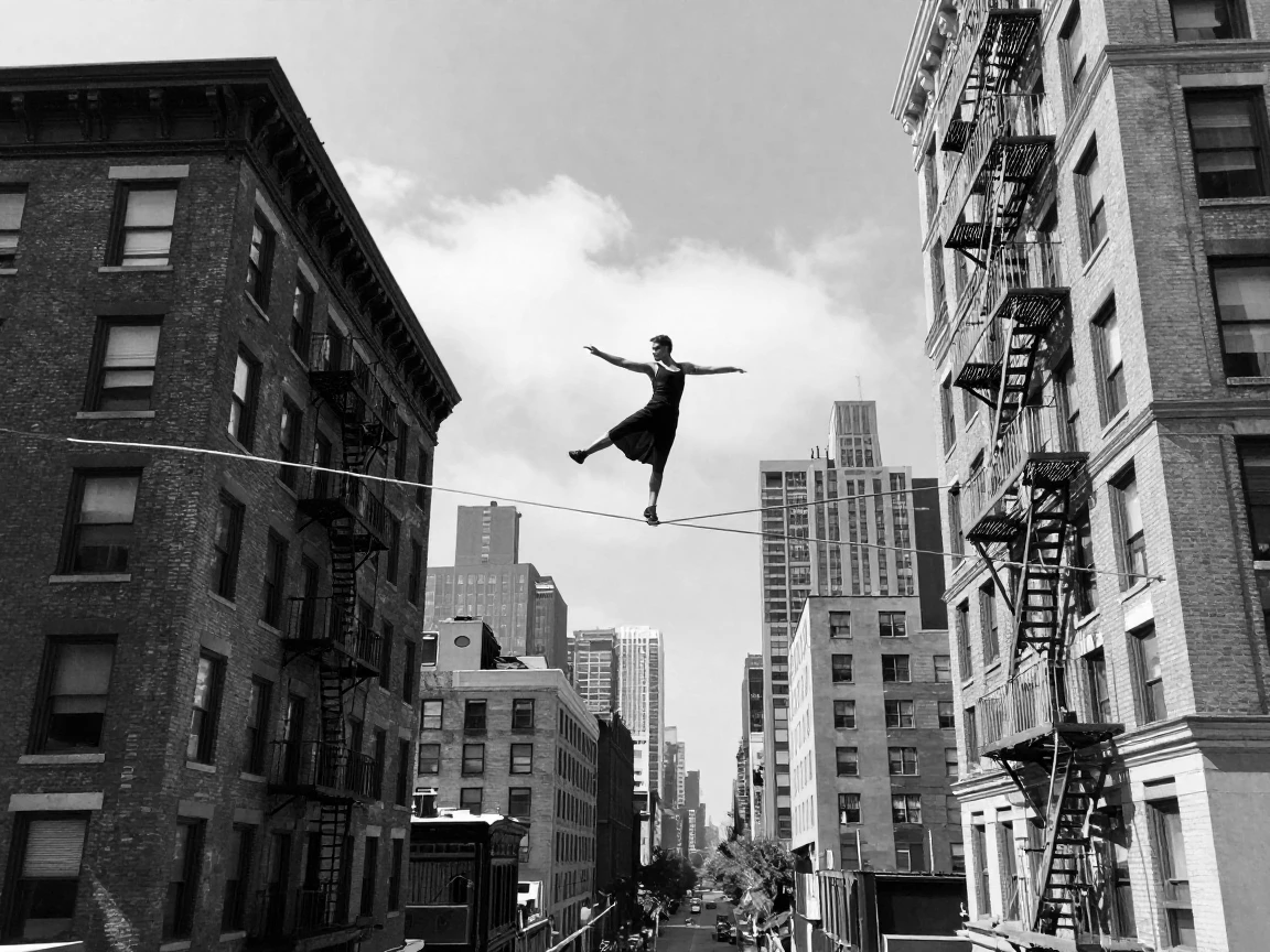A tightrope walker balances high above a city street between two rooftop towers.