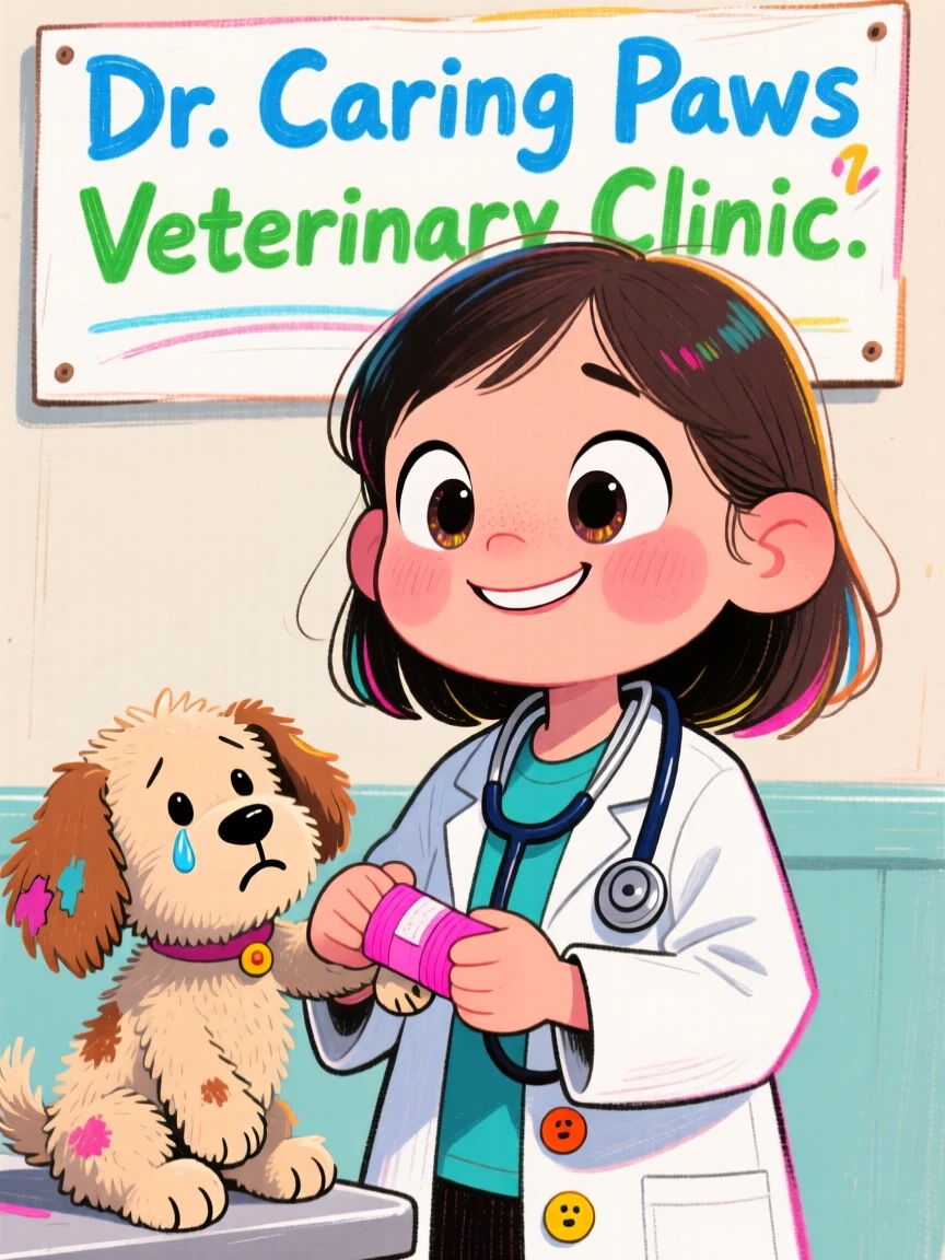 A little girl dressed as a vet, gently bandaging her stuffed animal's paw with real care.