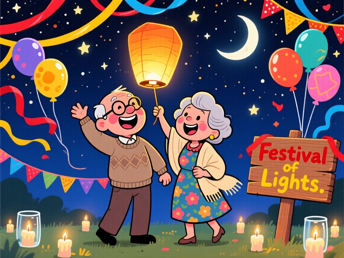 A festive celebration scene of an elderly couple releasing paper lanterns into a starry night sky, surrounded by colorful decorations and streamers.