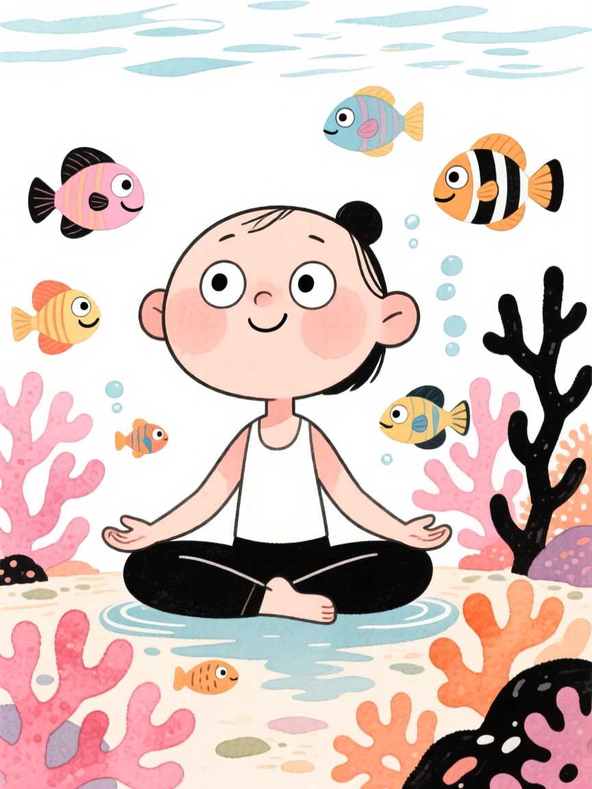 A yoga practitioner exploring a coral reef surrounded by fish