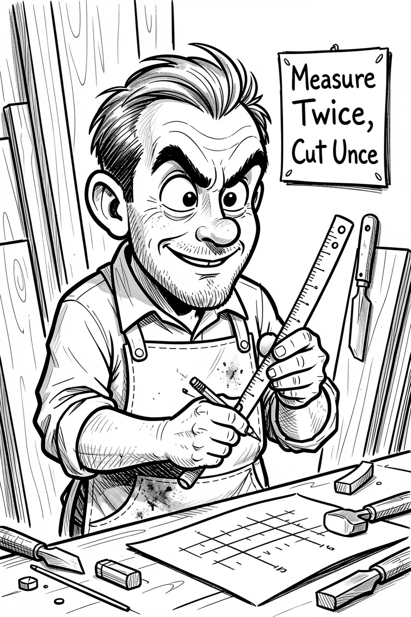 [Occupations & Hobbies] Detailed scene of an enthusiastic cabinetmaker carefully measuring twice before cutting, showcasing skill and dedication