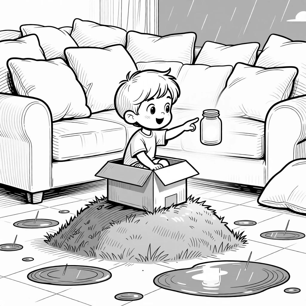 A kid riding a cardboard box down a grassy hill, reaching a tentative finger toward the glowing jar, set in a bedroom buried under couch cushions. Rain puddles reflect a a bright blue sky. It's a burst of pure, unfiltered childhood joy.