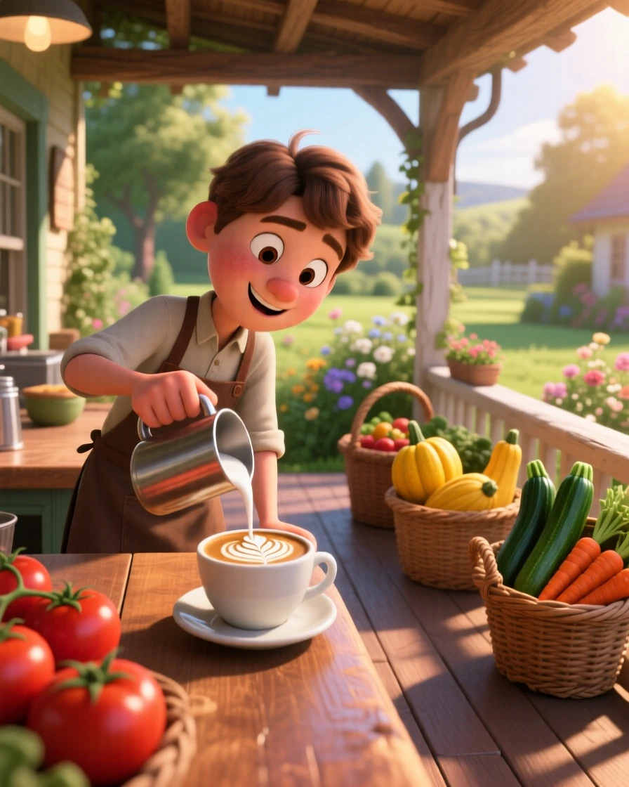 A barista drawing a leaf pattern in latte foam is captured on a porch overlooking a quiet garden, with baskets of fresh produce stacked neatly. The mood is calm, familiar, and quietly delightful.