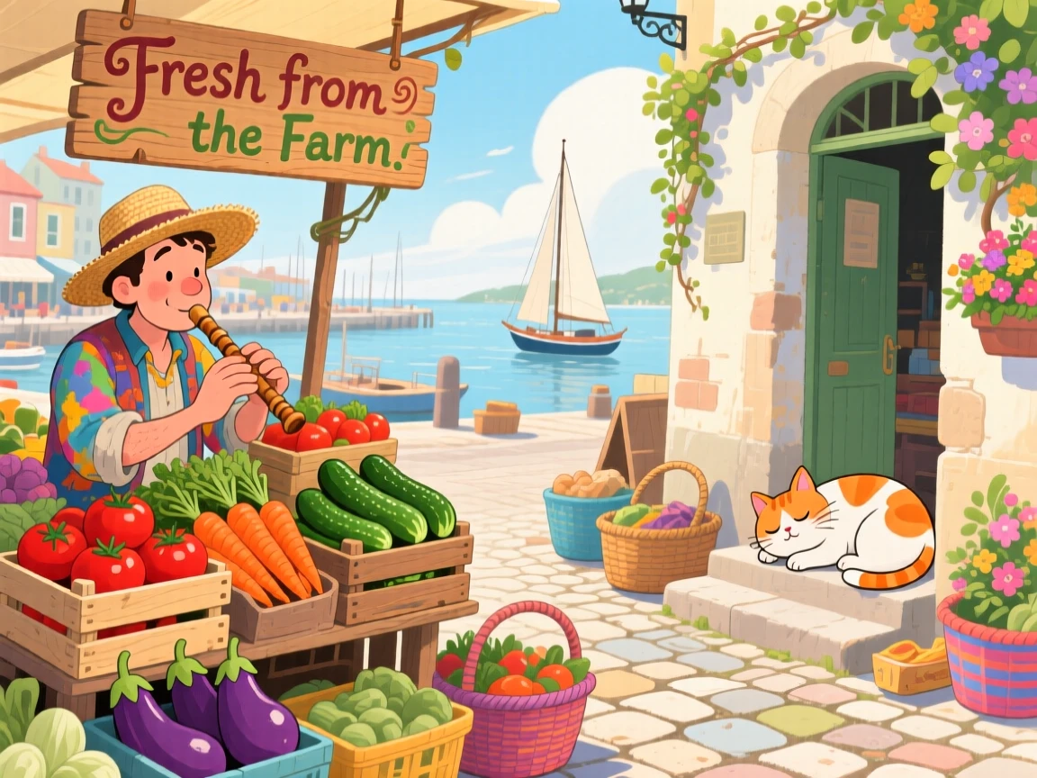 A street musician pauses while stacking fresh vegetables at a market stall in a bustling harbor town, while a cat naps in a sunny doorway.