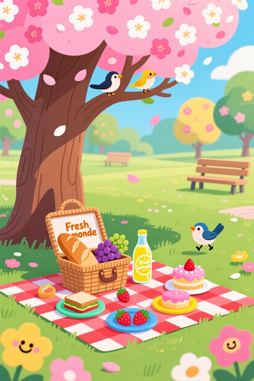 A picnic blanket spread beneath a blossoming tree in a quiet park.