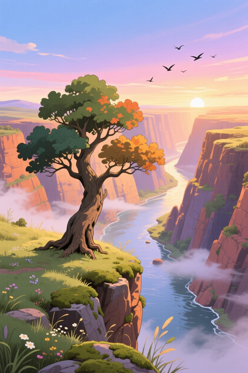 A breathtaking view of a canyon carved by a winding river, with a lone weathered tree standing at its center, at sunrise, framed with a wide panoramic view.
