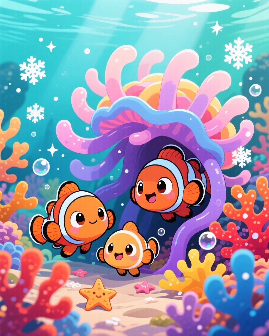 Silhouette composition of a young clownfish family, playing hide and seek in an anemone, in a colorful coral reef, amid softly falling snow, illuminated by diffused overcast light, radiating wide-eyed wonder.