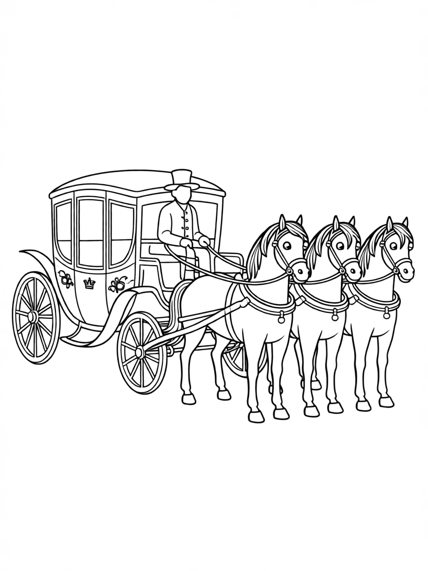A royal carriage pulled by four white horses