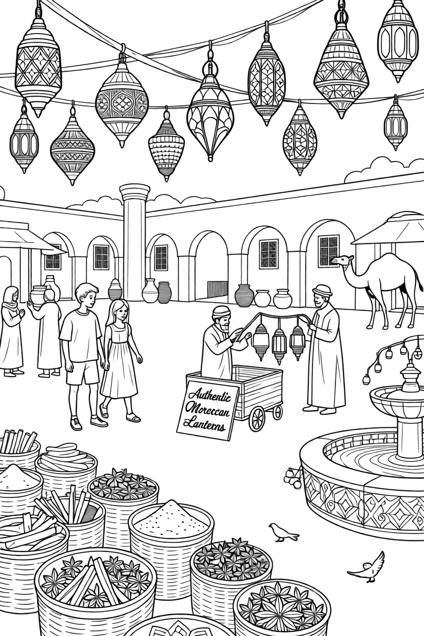 A market square in Marrakech filled with lanterns and spices, with locals and travelers strolling nearby.