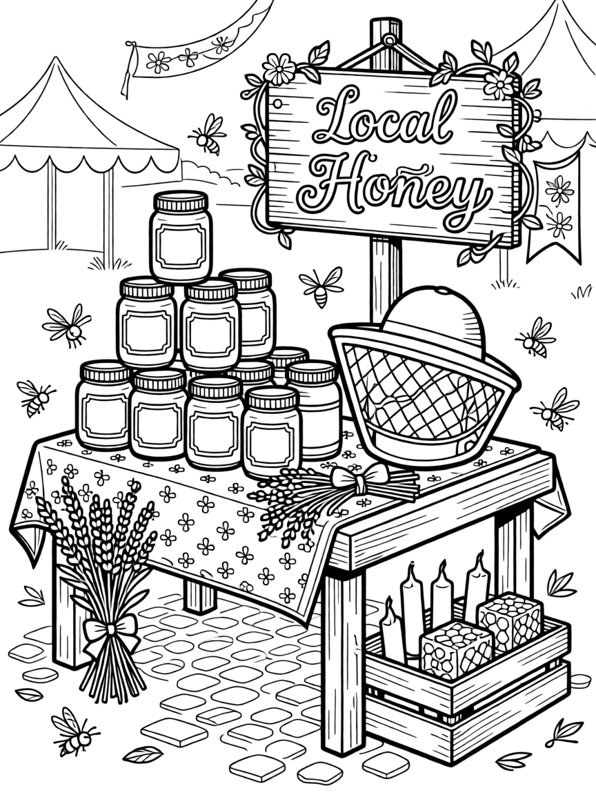 A farmers market honey stall with jars stacked beside a beekeeper's hat.