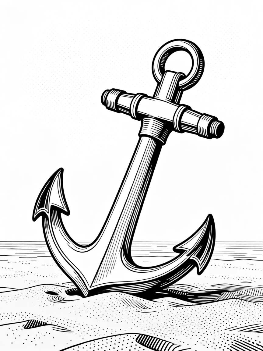 An anchor resting on a sandy shore symbolizing stability