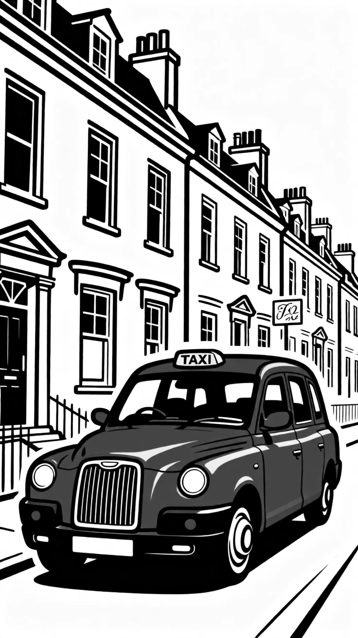A classic red London taxi parked beside a row of townhouses.