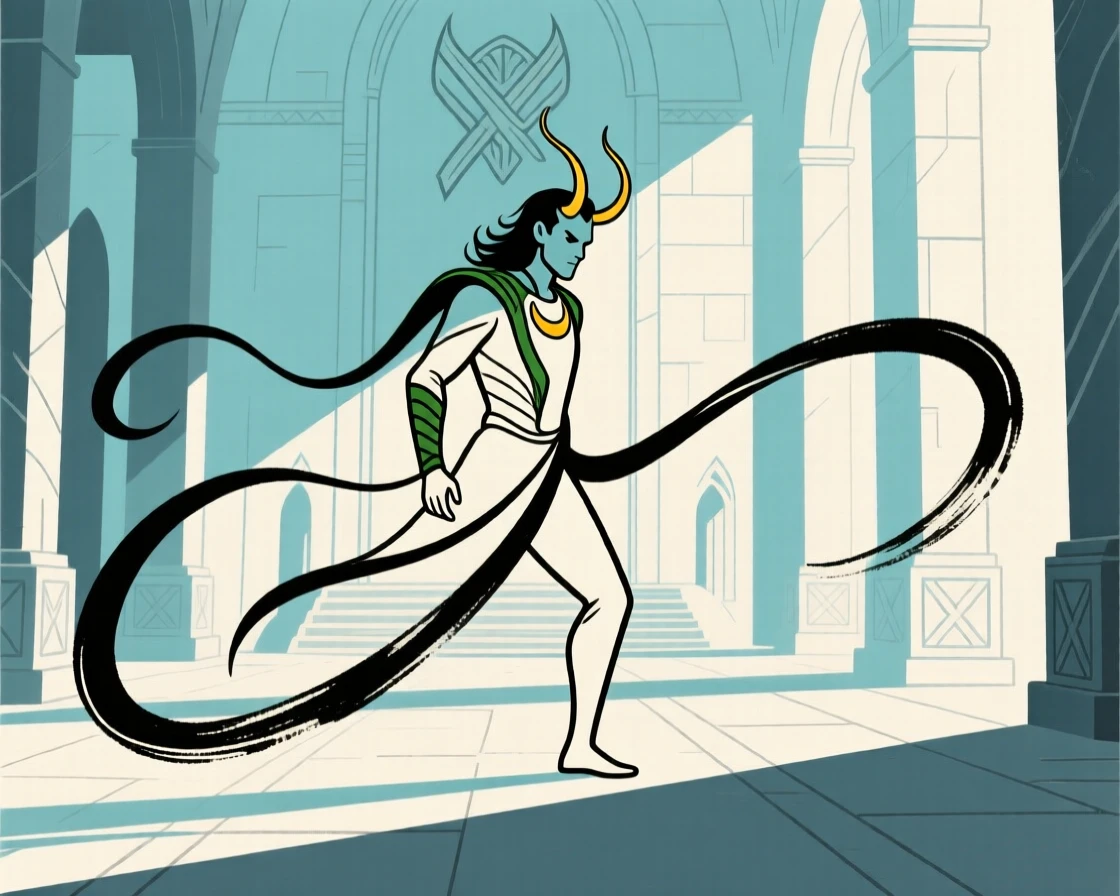 Loki disguised in shifting shadows within a grand Norse hall.