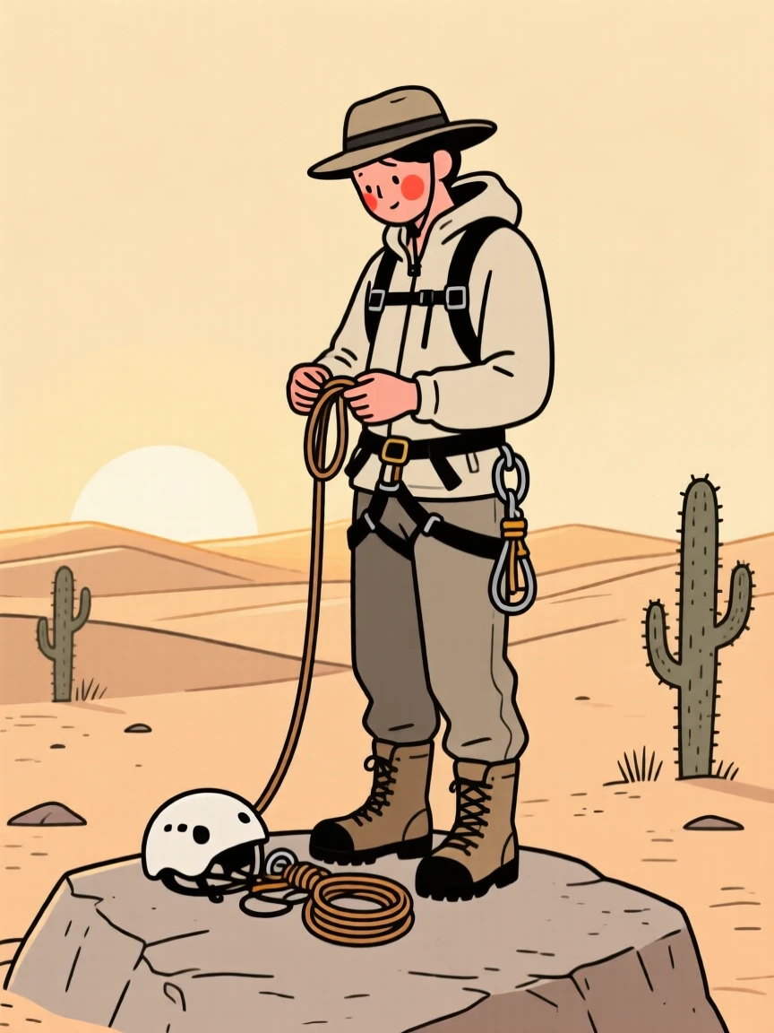 A mountain guide checking gear in a desert at golden hour.
