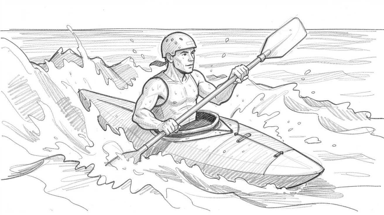 A dynamic action shot of a kayaker paddling through churning rapids on an open ocean horizon, with sweat and sunlight glistening together.