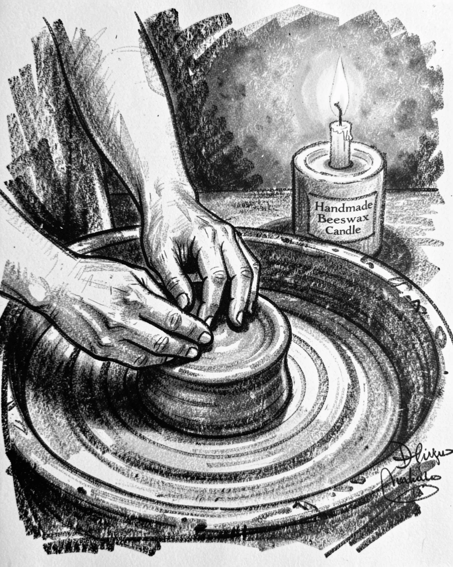 A potter's hands shaping clay on a spinning wheel, as soft candlelight flickers nearby.