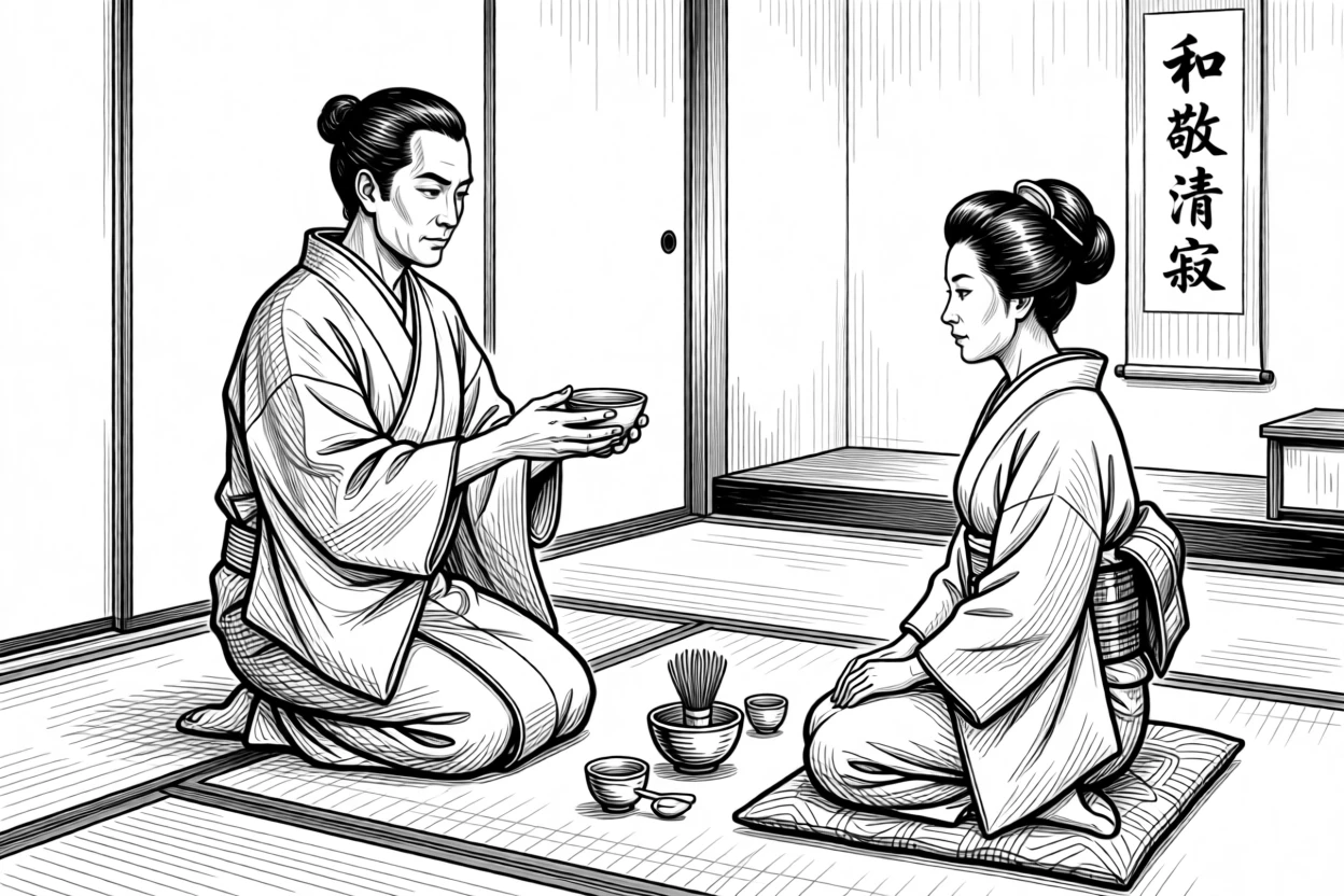 A traditional tea ceremony being performed with precise, graceful movements.