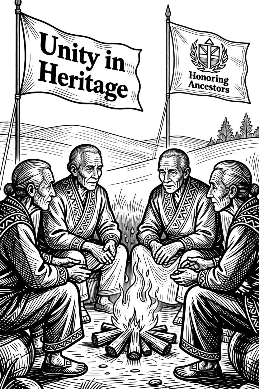 A group of elders sharing stories around a fire under banners fluttering in the wind, with banners and flags marking the occasion, portrayed in a vibrant with cultural pride historical scene.